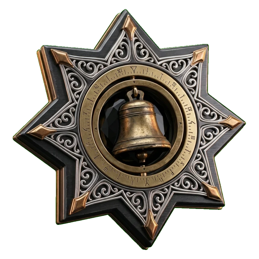 Epic seal: an eight-pointed star medallion in blackened gunmetal with gold tips
